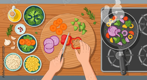 Overhead view of hands chopping fresh vegetables like bell peppers, onions, and carrots on a wooden cutting board next to a pan of stir-fry on a stovetop.