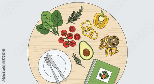 Overhead view of fresh ingredients for a healthy meal, including spinach, tomatoes, avocado, bell pepper, pasta, and a cookbook, arranged on a wooden board.
