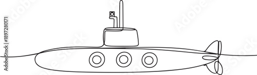 Continuous one line drawing submarine with three porthole. Equipped with a periscope to see the conditions under the sea. Research. National Submarine Day. one line Icon drawing