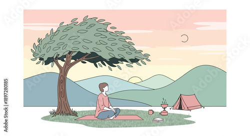 A person meditating under a tree in a serene mountain landscape with a tent and sunset.