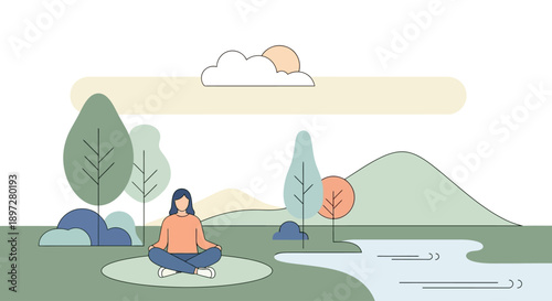 A minimalist illustration of a woman meditating peacefully in a serene natural landscape with trees, hills, and a river under a calm sky.
