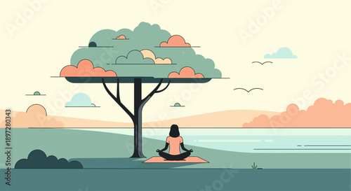 A person meditates peacefully under a large tree by a tranquil body of water with rolling hills in the background.