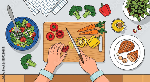 Overhead view of hands chopping fresh vegetables on a wooden cutting board for a healthy meal preparation.