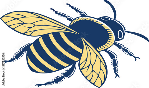 Stylized illustration of a blue and yellow striped bee or hornet
