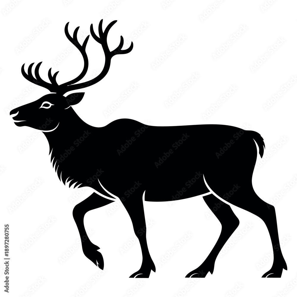 Fototapeta premium Profile silhouette of majestic reindeer with large antlers walking gracefully shown in black and white vector illustration for wildlife conservation and nature theme presentations