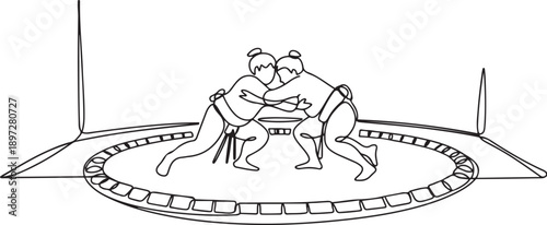 One single line drawing of two young overweight Japanese sumo men fighting at arena competition vector illustration. Traditional rikishi combative sport concept. one line Icon drawing