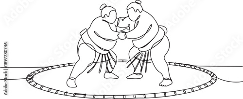 One single line drawing of two young overweight Japanese sumo men fighting at arena competition vector illustration. Traditional rikishi combative sport concept. one line Icon drawing