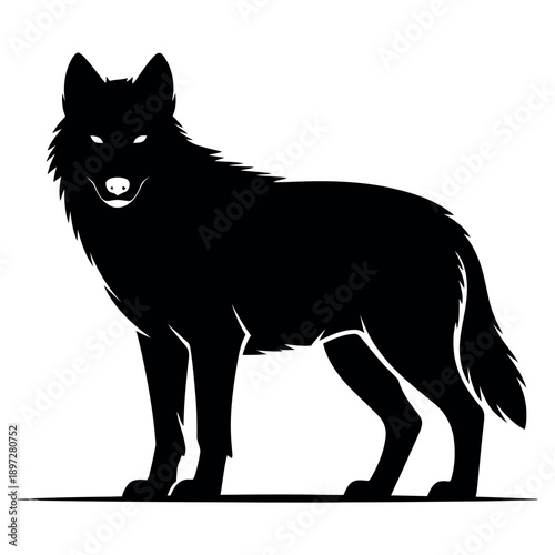 Powerful black silhouette of a standing wolf, alert and watchful, with glowing eyes, embodying wildness, strength, and untamed nature.