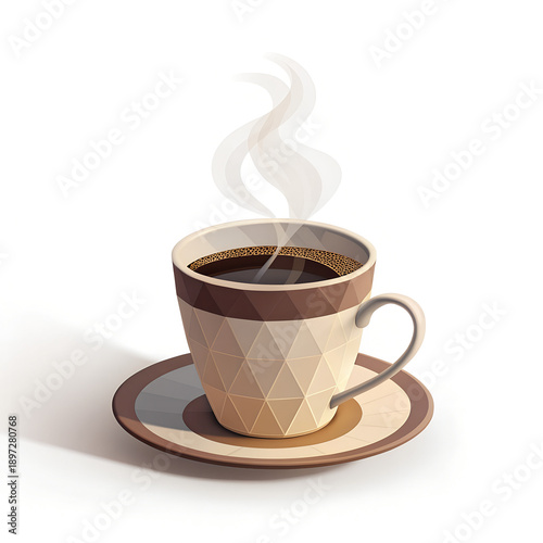 Steaming cup of coffee on saucer, digitally illustrated from a front viewpoint
