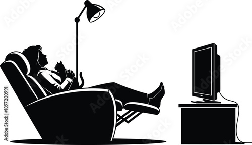 Silhouette of person reclining in armchair with cat, watching television, cozy home interior, leisure lifestyle vector illustration concept
