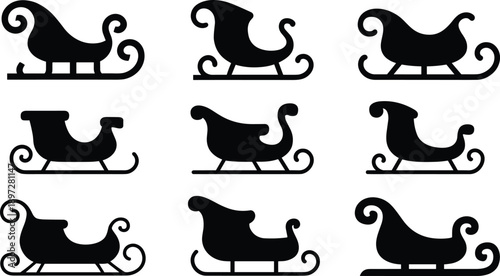 Santa sleigh silhouette icon set, Christmas winter holiday transportation symbols, festive black and white flat vector illustration