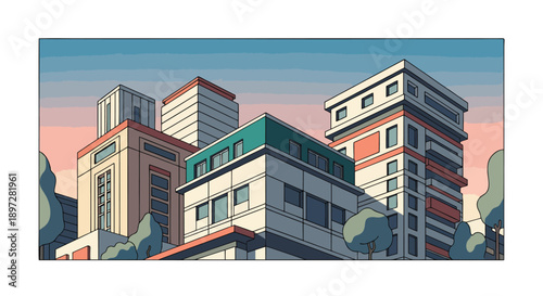 Colorful modern city buildings with apartments and offices under a bright sky