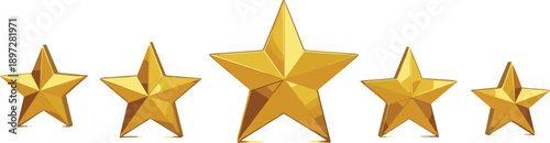 Set of Five Shiny Gold 3D Stars for Premium Quality Rating Customer Feedback Review System and Product Ranking Excellence on White Background Graphic Illustration