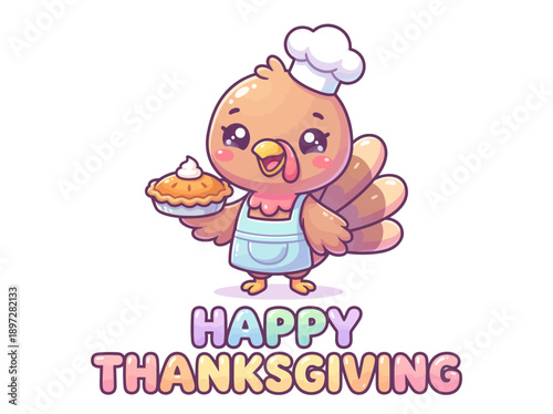 Happy Thanksgiving with a Cute Cartoon Turkey Chef Holding a Pie, Celebrating a Wholesome Holiday Meal