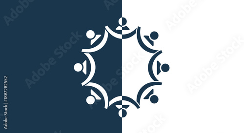 Circular community logo of diverse people united in a partnership on a split dark blue and white background.