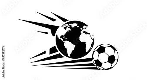 Dynamic black and white icon of a soccer ball and globe with speed lines, symbolizing global football on an isolated white background.