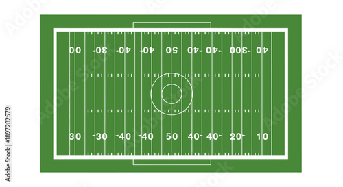 American Football Field Top View with Yardage Markings and Goalposts, Green Sports Arena Layout