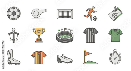 Collection of Flat Design Soccer Football Icons including Ball, Goal, Player and Whistle, isolated white background.