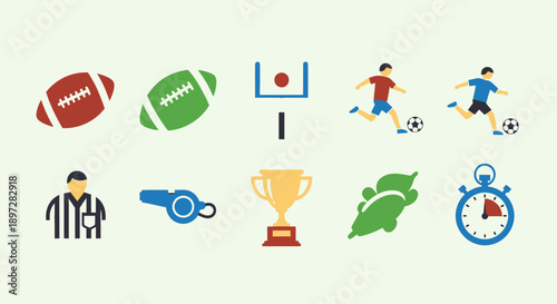 Collection of Colorful Flat Football and Soccer Sports Icons on Light Green Background