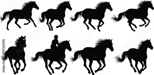 Galloping Horse Silhouettes Vector Set, Running Stallion Icons for Equestrian Sports, Wild Mustang Graphics, Racing, Farm Animal cad drawing flat vector illustration