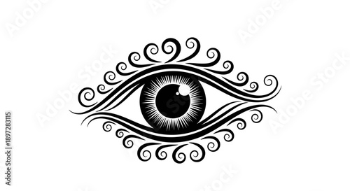 Ornate Stylized Eye with Elegant Swirling Patterns, Representing Vision and Mysticism on an Isolated White Background.