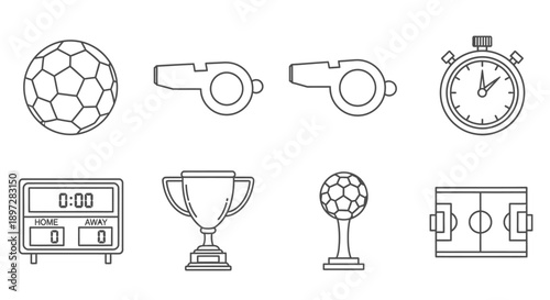 Soccer Football Game Outline Icons Set, Sport Tournament Equipment Collection, Isolated White Background