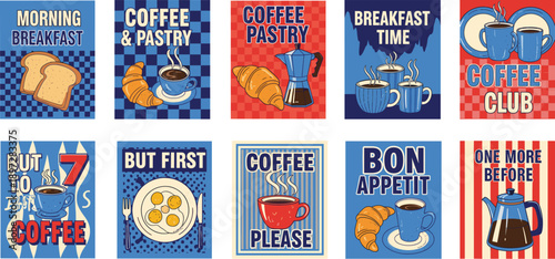 Retro Breakfast Poster Set Featuring Coffee, Pastries, Toast, Eggs, Mugs, Moka Pot, Bold Colors, Morning Vibes, Café Decor, and Typography