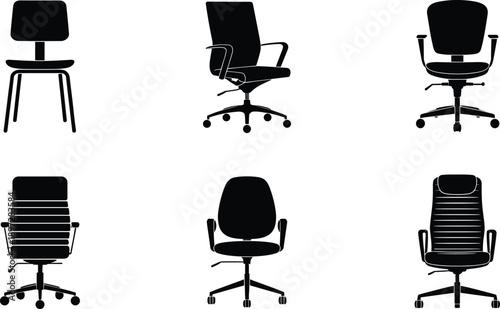 Office chair silhouette set, ergonomic desk seating collection, modern swivel task chairs, black and white flat vector illustration design elements