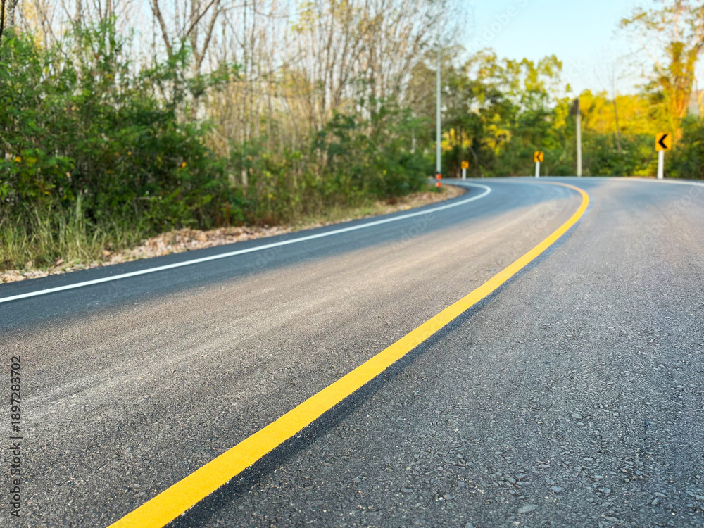 Fototapeta premium an empty asphalt road with a yellow center line leading forward, surrounded by trees and soft sunlight, symbolizing journey, direction, progress, travel, and new beginnings