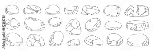 Rocks collection with sketches of various smooth, rounded stones, natural textures, hand-drawn style, monochrome line art, organic shapes, outdoor use, geological study, minimalist design
