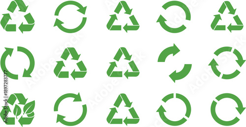 Green recycle symbol set with eco friendly arrows for environment conservation and waste management cad drawing flat vector illustration icons
