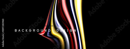 Abstract flowing ribbons, vibrant colors, dynamic composition. Black background emphasizes bright shapes, modern design element.
