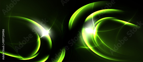 Abstract green energy swirls, bright light effects, dark background. Modern design, dynamic composition, glowing curves.