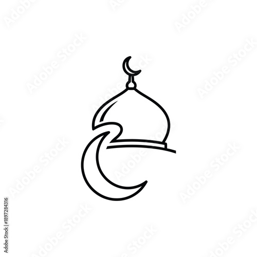 Islamic crescent moon and dome icon representing mosque architecture and cultural heritage in a minimalist line art style