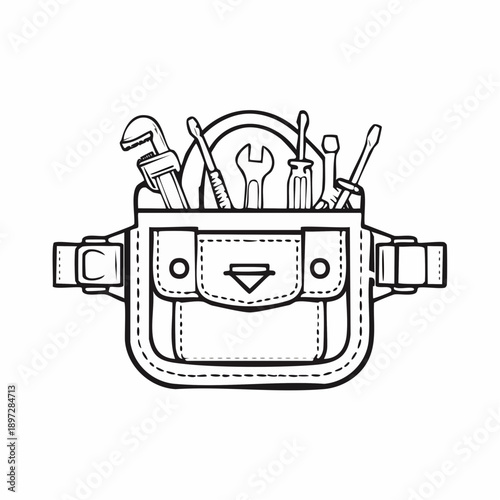 工具ベルトと作業道具セットの職人装備ラインベクターアイコン