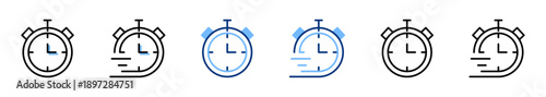 Stopwatch line icon set. Watch, time blue and black icons. Hours sign. Clock symbol. Vector illustration. Flat design. Isolated on a white background. Editable stroke.