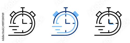 Stopwatch line icon set. Watch, time blue and black icons. Hours sign. Clock symbol. Vector illustration. Flat design. Isolated on a white background. Editable stroke.