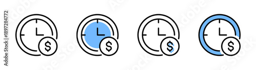 Time is money icon set. Watch, clock blue and black line icons. Dollar sign. Money, currency, business and finance concept. Vector illustration. Flat design. Isolated on a white background.