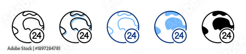 World 24h icon set. Planet, earth blue and black line icons. Hours, time sign. Vector illustration. Flat design. Isolated on a white background. Editable stroke.