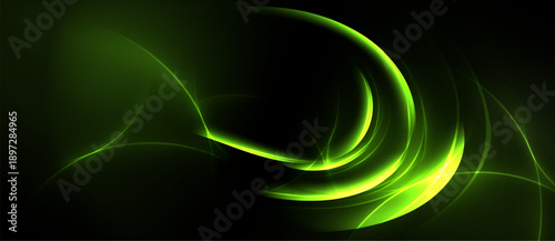 Abstract design features luminous green curves against dark background. Smooth lines create dynamic, flowing composition. Elegant, modern aesthetic.