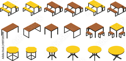 Isometric Collection of Modern Outdoor Furniture Including Picnic Tables Benches and Round Stools in Yellow and Wood Finish for Architectural Visualization.