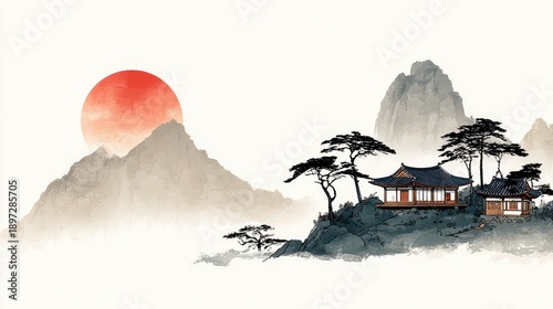 Pretty Korea, mountains, pine trees, hanok, rural natural scene, ink painting, and traditional Korean painting art. Generative AI.