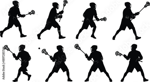 Lacrosse player silhouette set with athletes running, catching, and throwing with sticks, professional sports team action poses, vector illustration collection