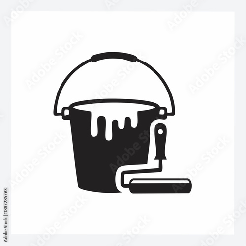 塗装バケツとローラーのペイント作業ベクターアイコン