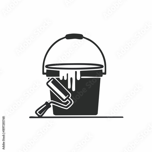 塗装バケツとローラーのペイント作業ベクターアイコン