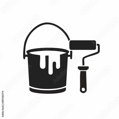 塗装バケツとローラーのペイント作業ベクターアイコン