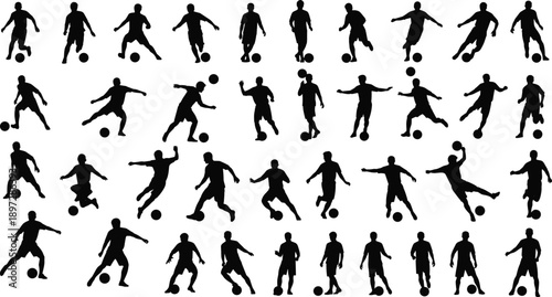 Large collection of soccer player silhouettes in various action poses including kicking running and dribbling isolated on white background vector,