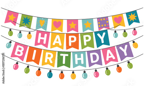 Colorful happy birthday banner with festive flags and lights decoration for celebration and party isolated on white background for greeting card and invitation design
