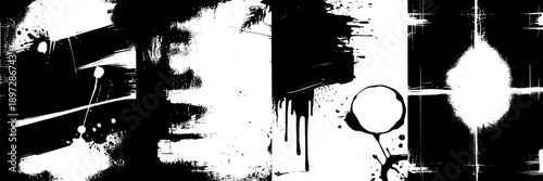 Spray paint splatters and drips in black and white with grunge textures, abstract urban graffiti style, high contrast, dynamic and edgy, suitable for street art, background textures, and creative proj