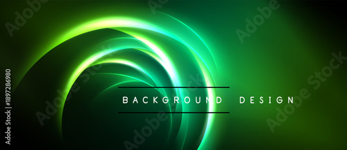 Abstract neon swirls create dynamic background. Dark green hues dominate, offering modern visual impact. Text reads background design.